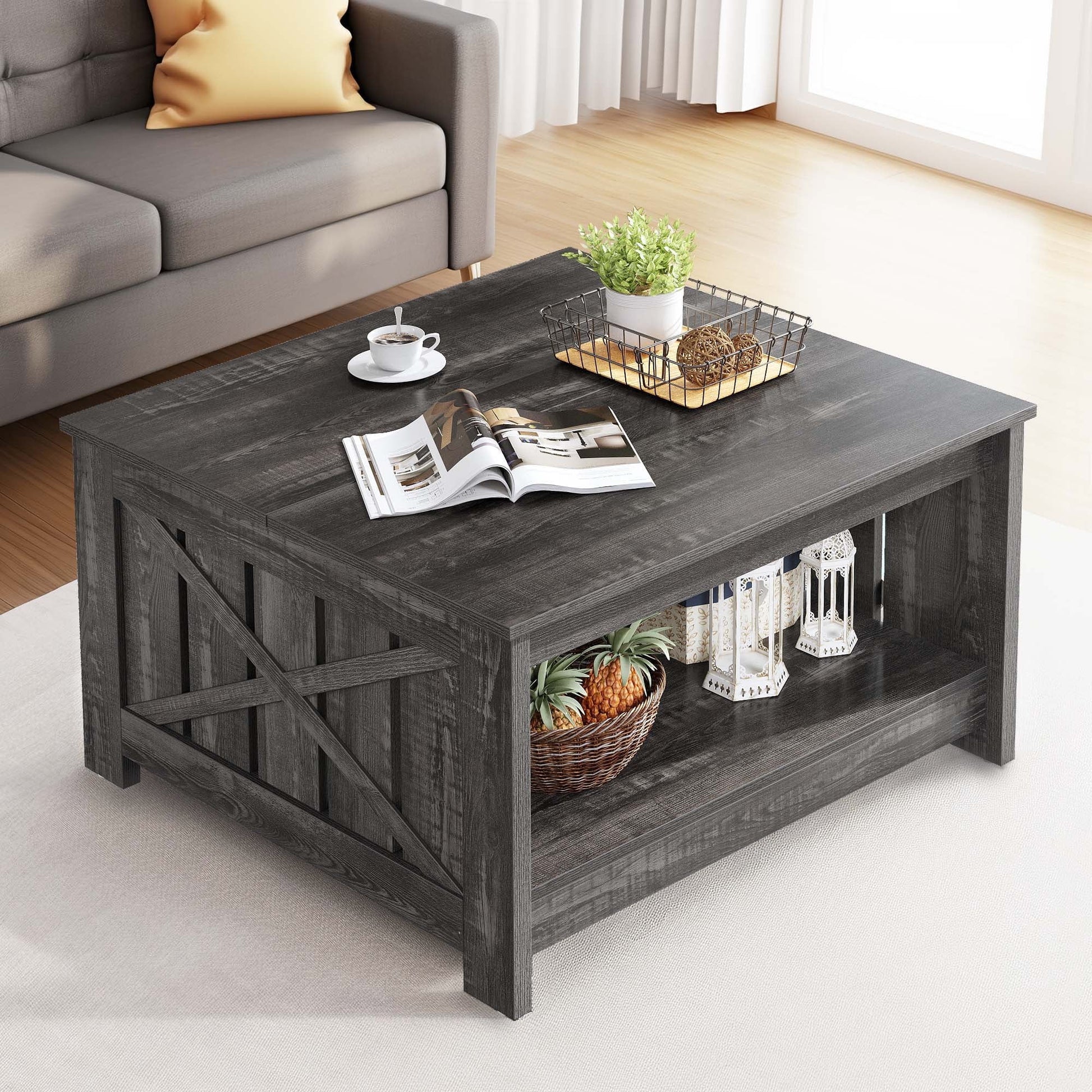 Coffee Table, Square Coffee Table, Farmhouse Coffee Table with Half Open Storage Compartment for Living Room, Rustic Gray