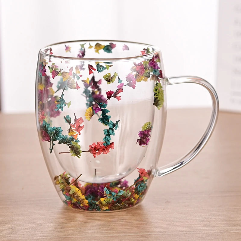 350Ml Artificial Flower Glass Coffee Mug Double-Walled Espresso Cups Heat Insulated Quicksand Water Cups Summer Winter Drinkware