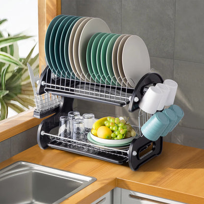 2 Tier Dish Drainer Drying Rack Large Capacity Kitchen Storage Stainless Steel Holder,Washing Organizer - Overall Dimensions: 22.83" X 11" X 14.57" (L X W X H)