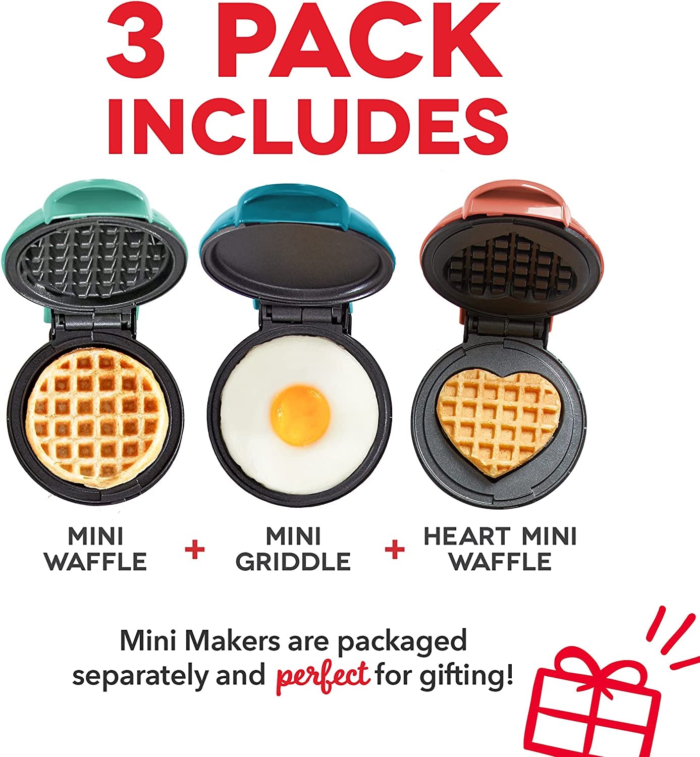 Mini Maker 3-Pack Gift Set, Mini Waffle Maker + Mini Heart-Shaped Waffle Maker + Mini Maker Griddle