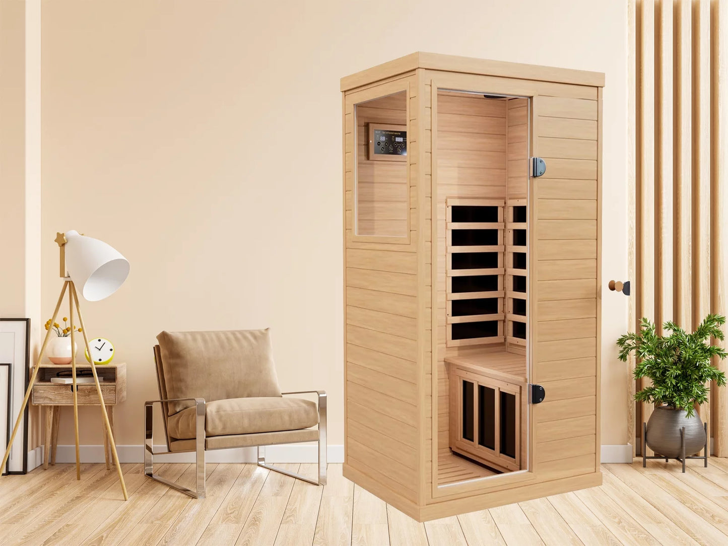 Infrared Sauna, 1 Person Far Infrared Sauna for Home, 2 Bluetooth Speakers,Low EMF Heaters, 1 LED Reading Lamp Hemlock Wood Sauna Room (Left and Right Door Randomly)