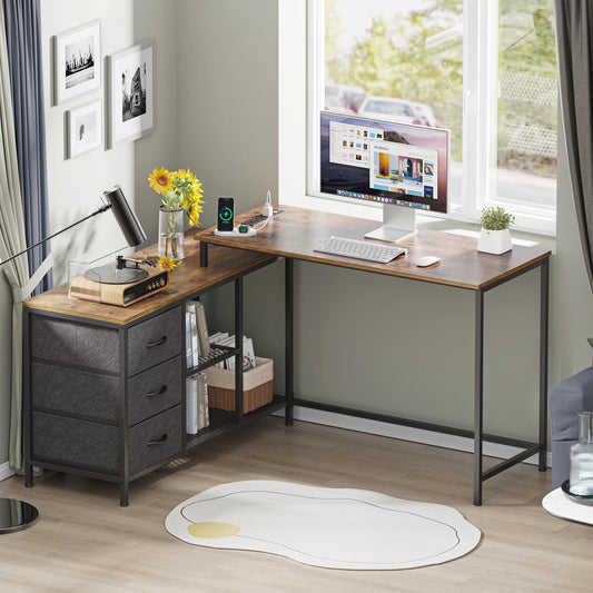 L Shaped Desk with Power Outlets, Computer Desk with Fabric Drawer & Storage Shelves, Gaming Desk Corner Desk Home Office Desk Writing Desk, Gray