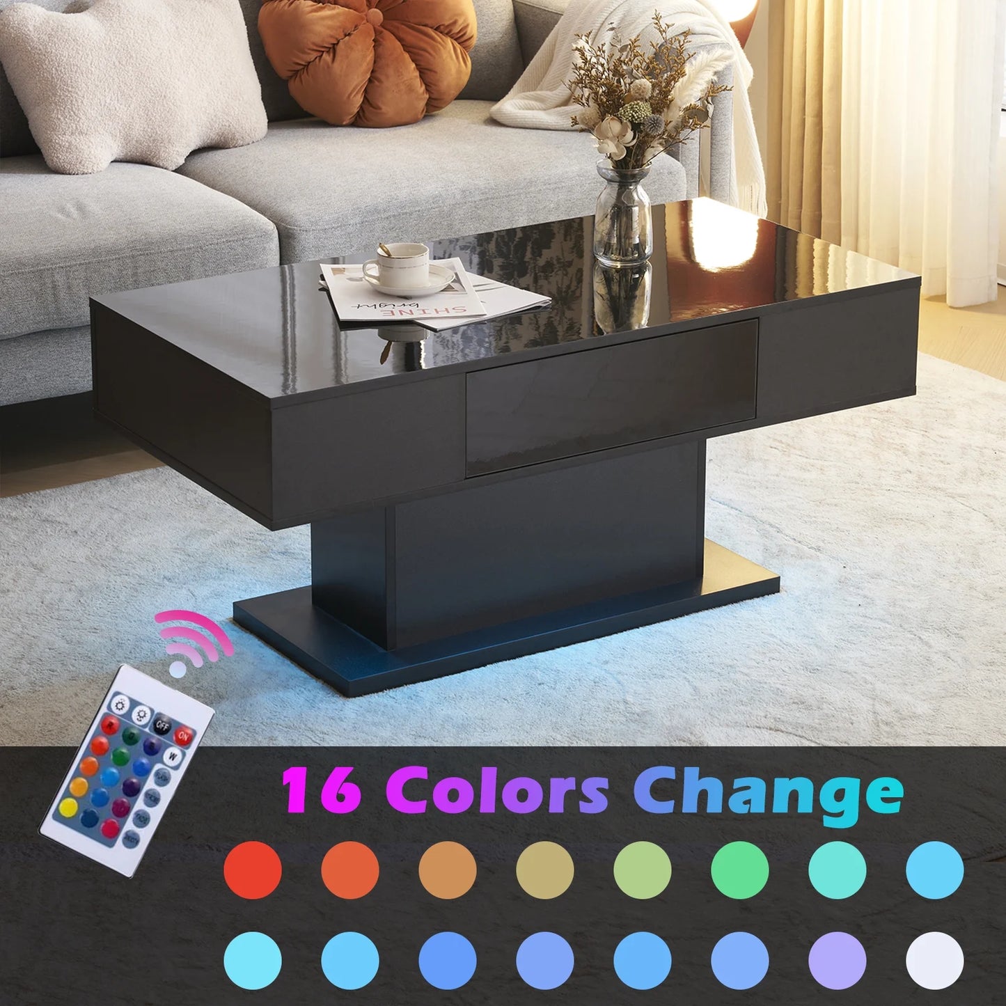 41'' Mirrored LED Coffee Table with Storage, Rectangle Mirror Cocktail Table with 2-Drawers for Living Room, Silver