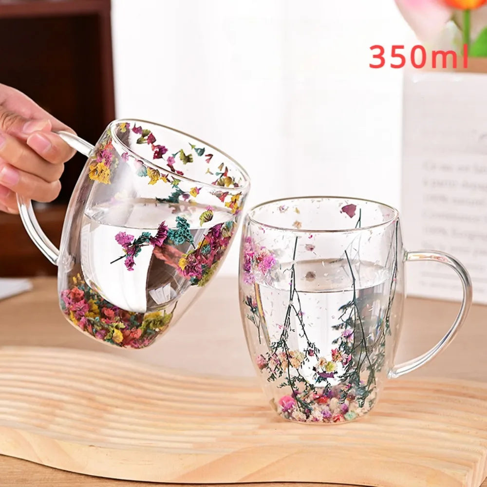 350Ml Artificial Flower Glass Coffee Mug Double-Walled Espresso Cups Heat Insulated Quicksand Water Cups Summer Winter Drinkware