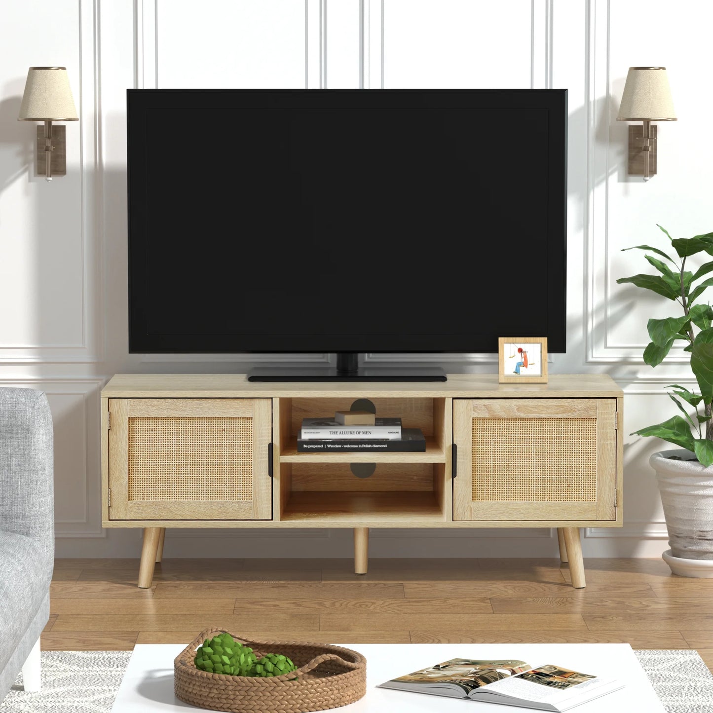 Farmhouse TV Stands for 55 Inch Tv,Wood Media Entertainment Center Cabinet Console Table with 2 Rattan Doors, Natural Oak, H0015