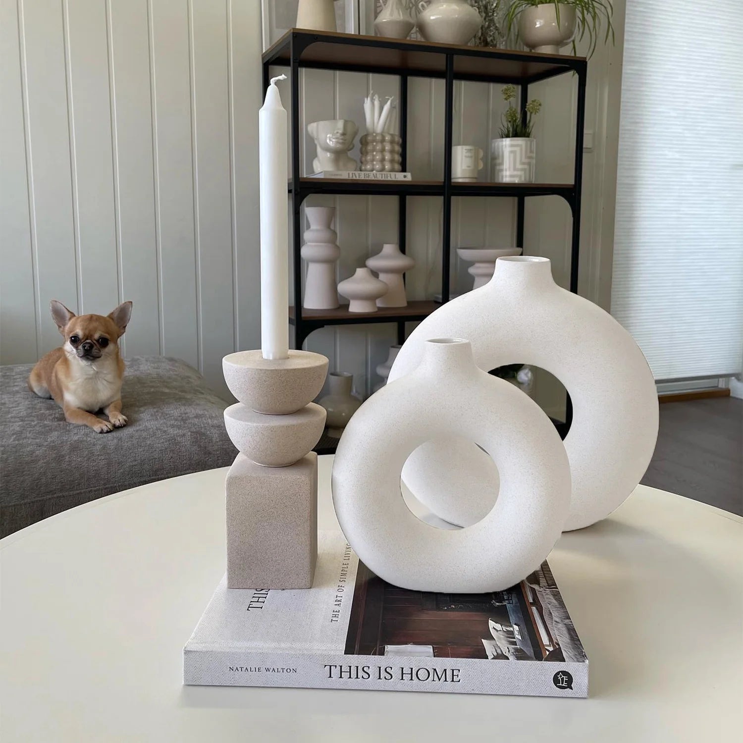 Ceramic Vases for Home Decor, Set of 2 Donut Vases, Modern Vase, White Vases, Farmhouse Vase, Decorative Vase, round Boho Vase for Bookshelf, Mantel, Table, Fireplace Decor