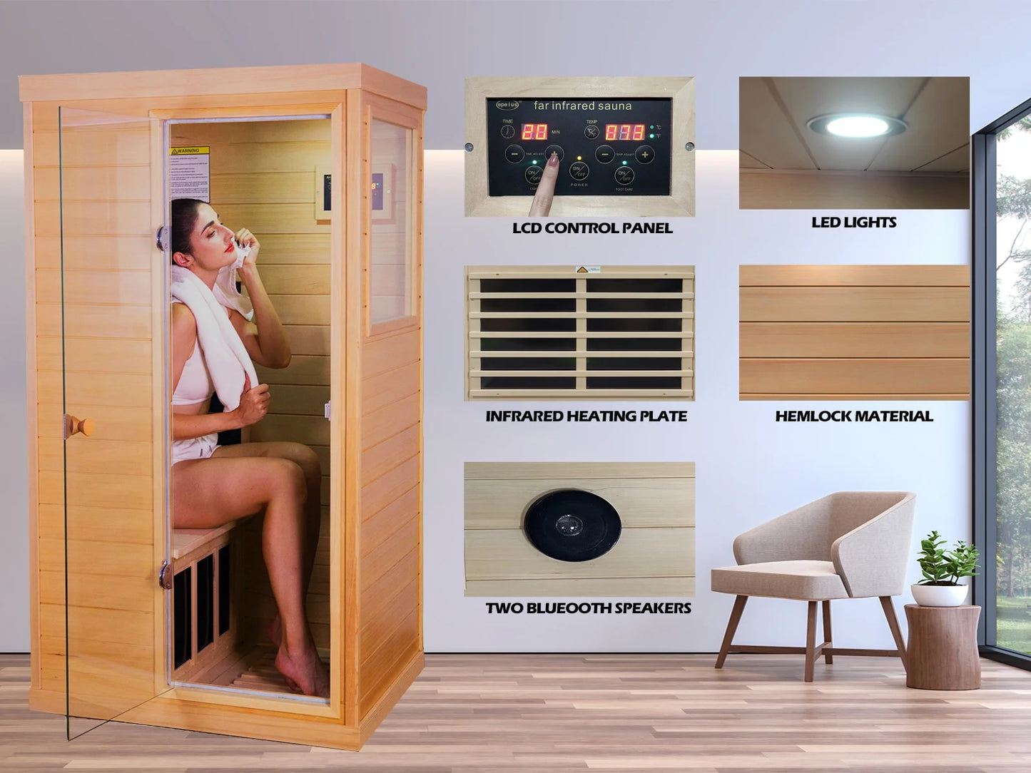 Infrared Sauna, 1 Person Far Infrared Sauna for Home, 2 Bluetooth Speakers,Low EMF Heaters, 1 LED Reading Lamp Hemlock Wood Sauna Room (Left and Right Door Randomly)