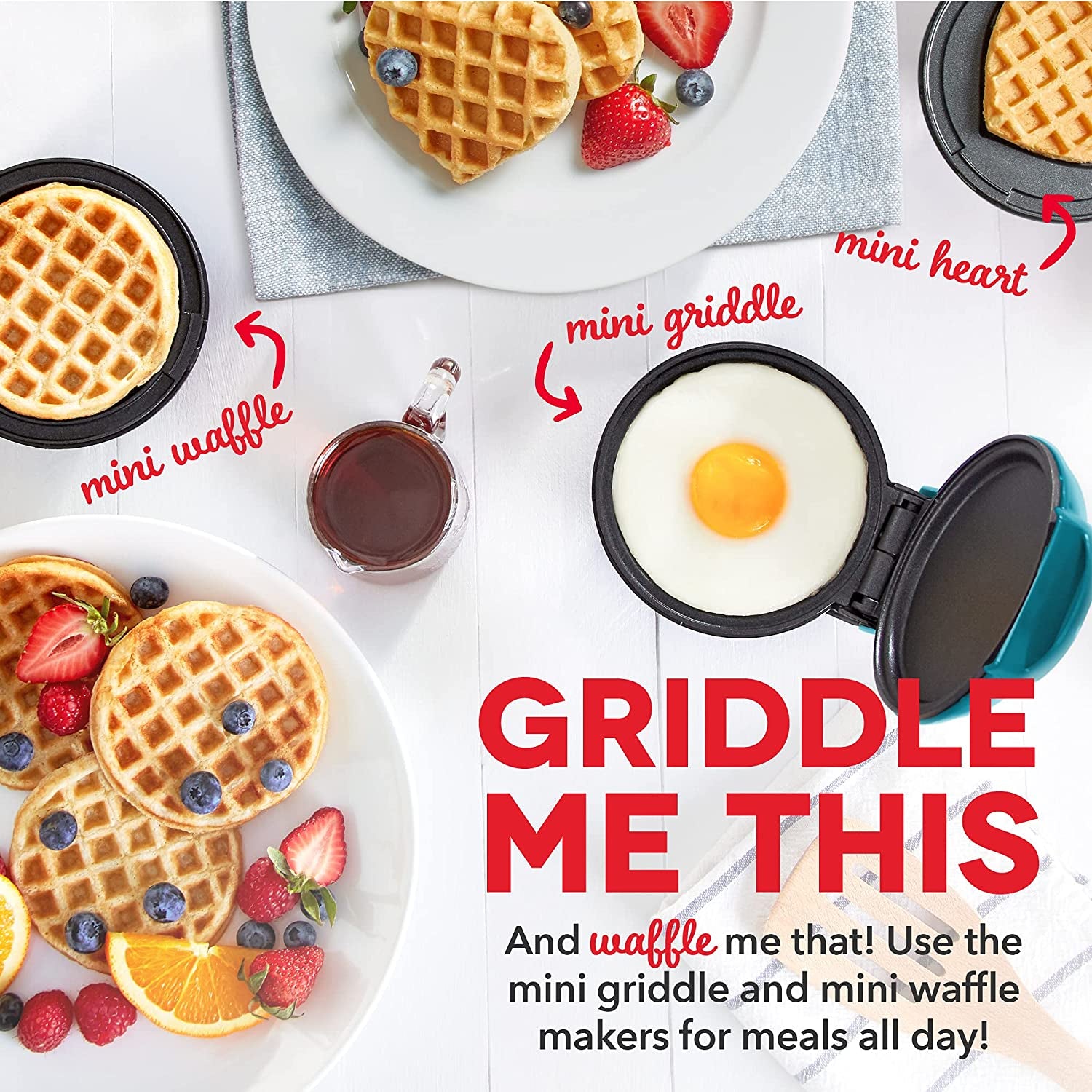 Mini Maker 3-Pack Gift Set, Mini Waffle Maker + Mini Heart-Shaped Waffle Maker + Mini Maker Griddle