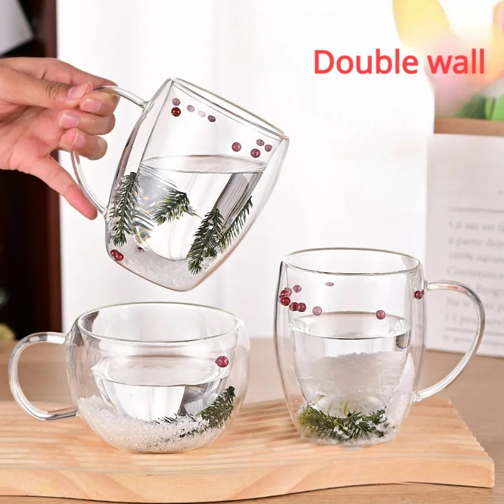 350Ml Artificial Flower Glass Coffee Mug Double-Walled Espresso Cups Heat Insulated Quicksand Water Cups Summer Winter Drinkware