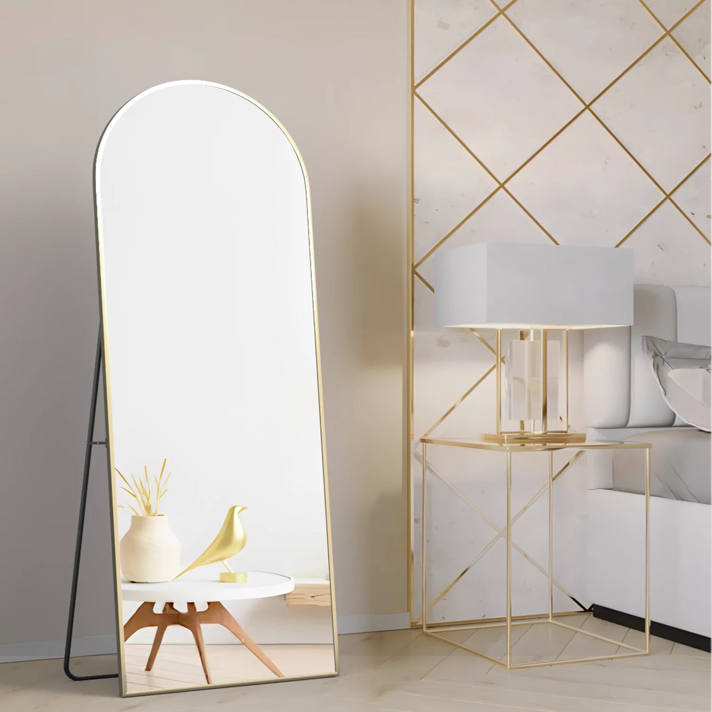 Full Length Mirror Arched Mirror, Floor Mirror with Stand, Full Body Mirror 64"X21" Gold Arch Standing Mirror Large Bedroom Mirror Standing