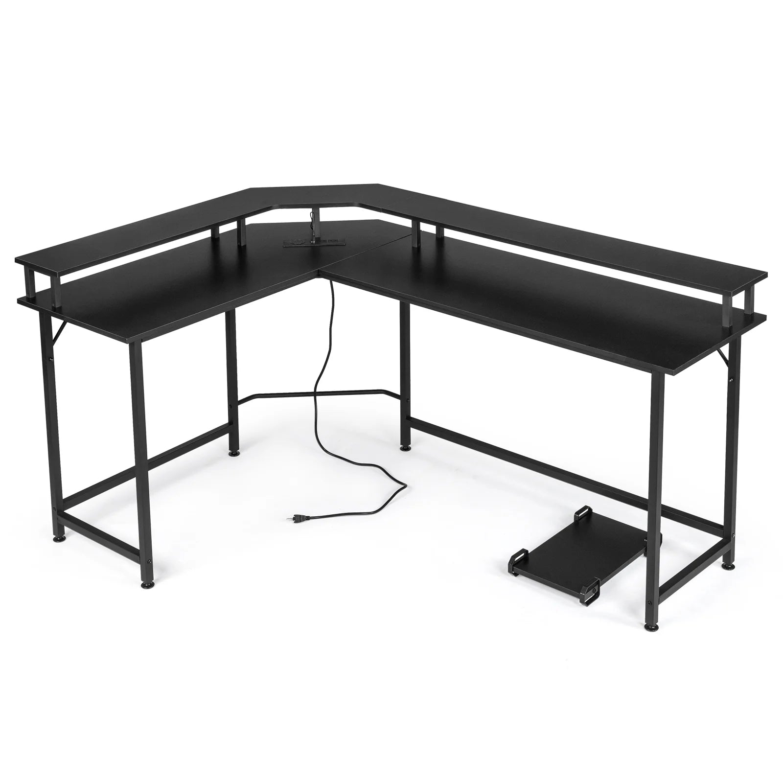 L-Shaped Gaming Desk with USB Wireless Charging, 55" Computer Desk with Monitor Stand, Corner Writing Desk with LED Light, Black