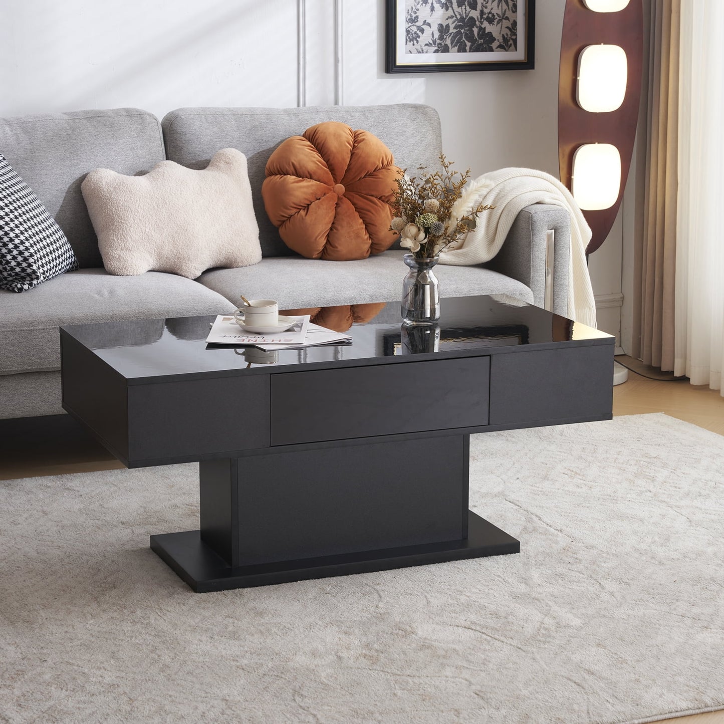 41'' Mirrored LED Coffee Table with Storage, Rectangle Mirror Cocktail Table with 2-Drawers for Living Room, Silver