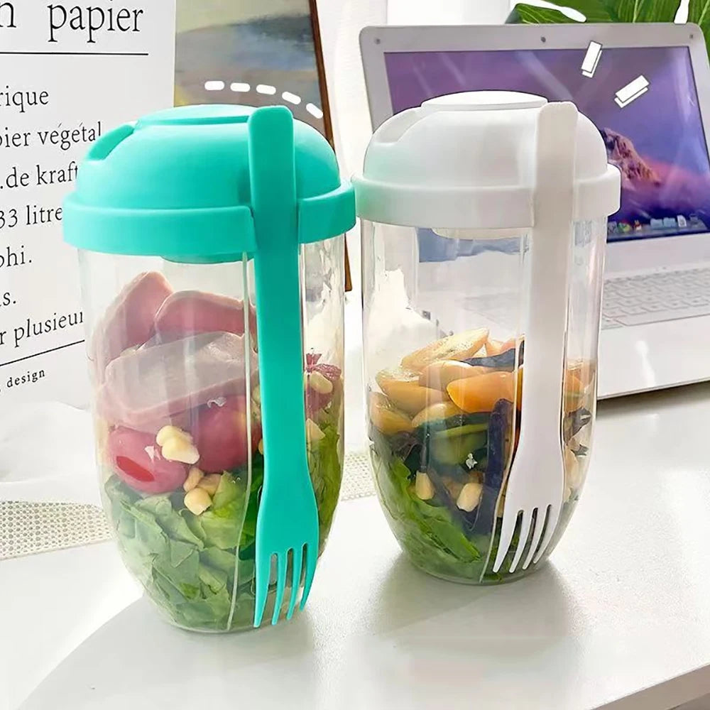 Portable Salad Cup Kids Breakfast Salad Bowl with Fork Plastic Diet Meal Shaker Cups Kitchen Food Lunch Box Bottles Mason Cup