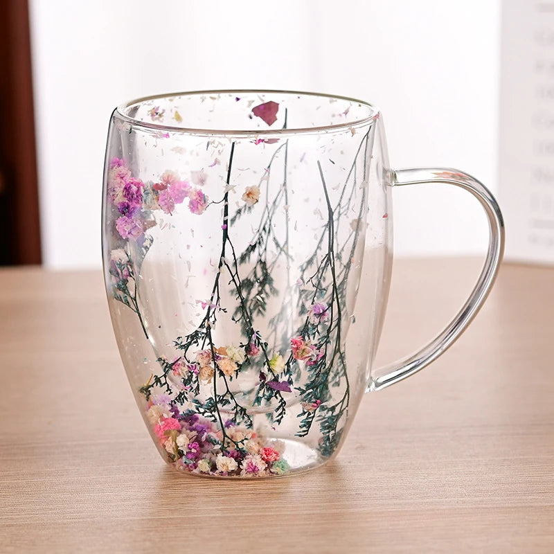 350Ml Artificial Flower Glass Coffee Mug Double-Walled Espresso Cups Heat Insulated Quicksand Water Cups Summer Winter Drinkware