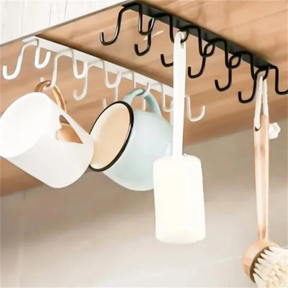 Cabinet Storage Rack Multifunctional Wardrobe Organizing Rack with 6/12 Hooks Kitchen Cup Holder No Punching Storage Rack