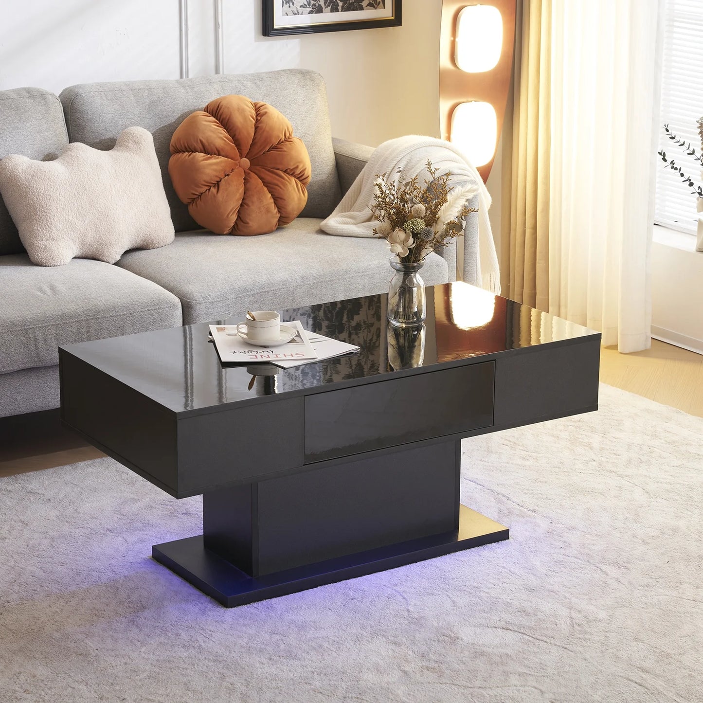 41'' Mirrored LED Coffee Table with Storage, Rectangle Mirror Cocktail Table with 2-Drawers for Living Room, Silver