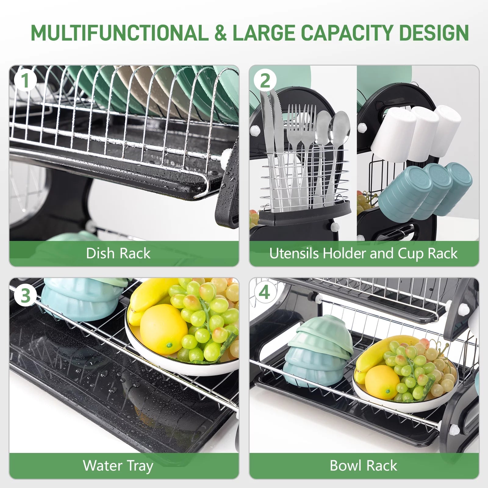 2 Tier Dish Drainer Drying Rack Large Capacity Kitchen Storage Stainless Steel Holder,Washing Organizer - Overall Dimensions: 22.83" X 11" X 14.57" (L X W X H)