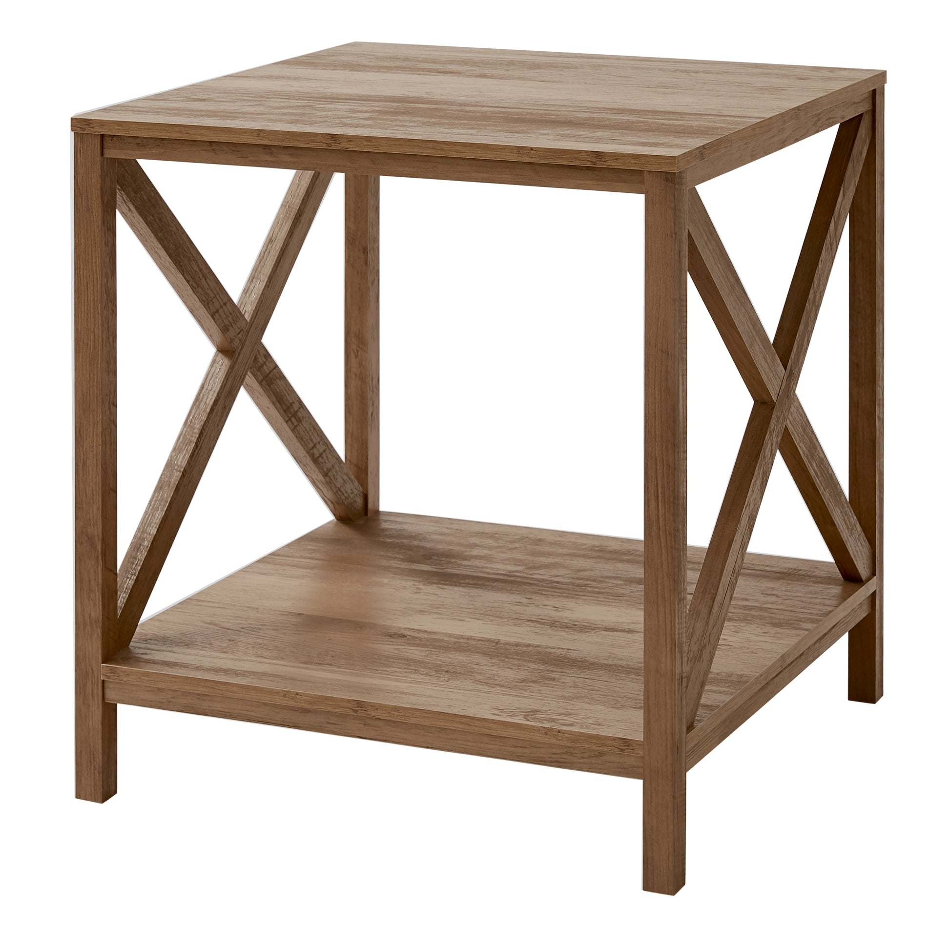 Farmhouse Square Side Table with Storage, Rustic Weathered Oak