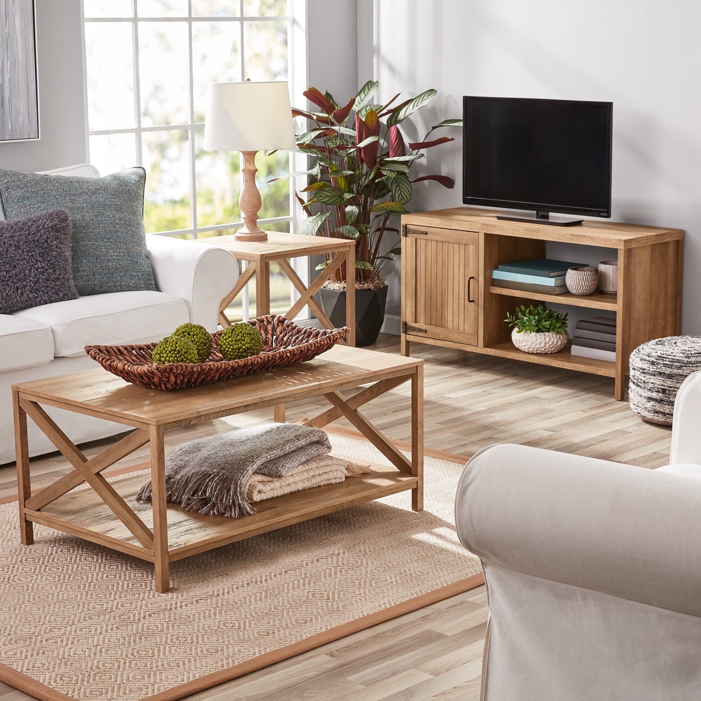 Farmhouse Square Side Table with Storage, Rustic Weathered Oak